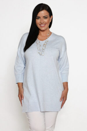 Model is wearing soft raglan jumper in sky blue by Ciso for Froxx Clothing plus sizes